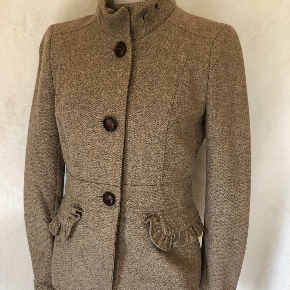 J.Crew Brown Ruffle, Lined, Button Jacket/Blazer